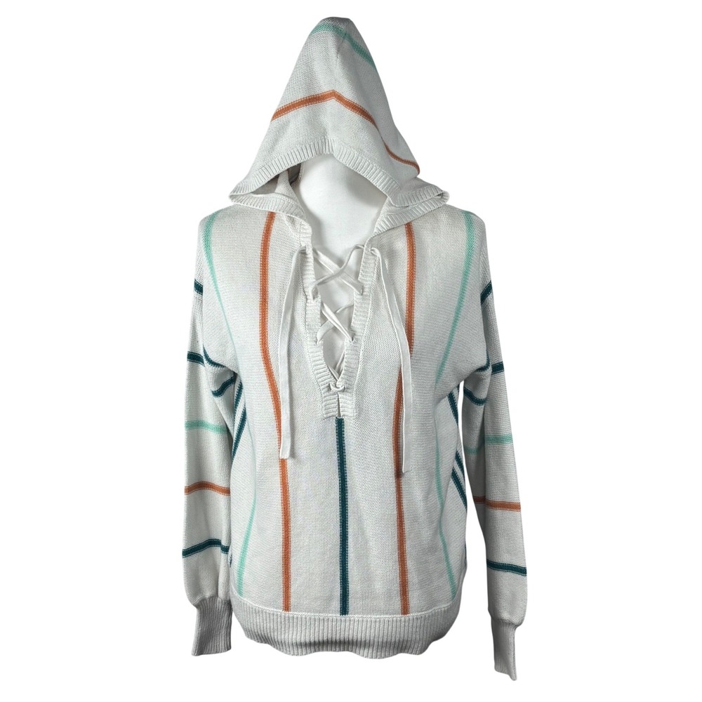 Roxy Hoodie Sweater Beach Bay Striped Lace Up Knit White XS Coastal‎ Surfer
